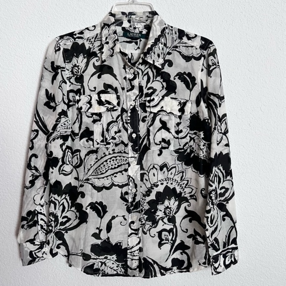 Lauren by Ralph Lauren Ivory & Black Floral Boho Silk Blend Button Front Blouse